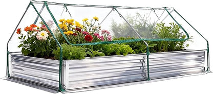 DUMOS Galvanized Raised Garden Bed with Cover, 8x4x1ft Metal Planter Box Outdoor for Deep-Rooted Vegetables Flowers Herbs, Garden Bed Mini Greenhouse for Patio Balcony Backyard, Open Bottom, Clear