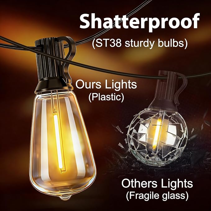 LumBelle Smart Outdoor String Lights, 50FT ST38 LED Patio Lights with Timer Remote APP Control, 22 Shatterproof LED Bulbs (2 Spare), Dimmable Waterproof Hanging Light for Backyard Porch Party Decor