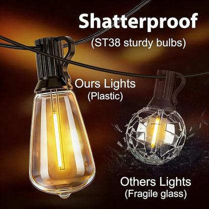 LumBelle Smart Outdoor String Lights, 50FT ST38 LED Patio Lights with Timer Remote APP Control, 22 Shatterproof LED Bulbs (2 Spare), Dimmable Waterproof Hanging Light for Backyard Porch Party Decor