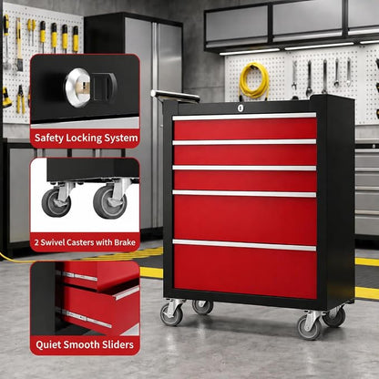 IDEALHOUSE Rolling Tool Chest, 5 Drawers Tool Storage Cabinet, Toolbox with Wheels, Portable Tool Cabinet Organizer with Locking System & Drawer Liners, Tool Storage Cart for Garage, Workshop