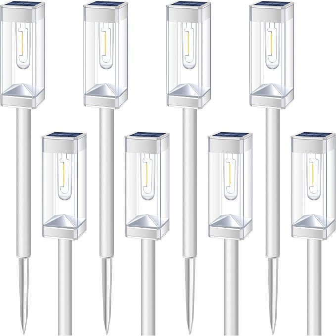 Solar Pathway Lights 8 Pack Solar Outdoor Lights with LED Tungsten Filament Bulb Waterproof Stainless Steel Garden Lighting for Outside Driveway Landscape Lawn Path Christmas (White)