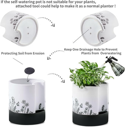Nihow Self Watering Pots for Indoor Plants,8 Inch,White,Hand Painting | Ceramic Planter, Drainage Hole & Water Storage Plus, Cylinder Round Flower Pot, For Succulent/Herbs/Violets