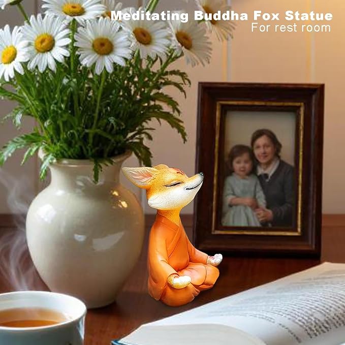 Orange Resin Fox Statue, Zen Yoga Figurine for Desktop & Garden | Mini meditative accents, garden & fox statues, fox figurines, spiritual gifts, feng shui shelf decor for plant & yoga lovers