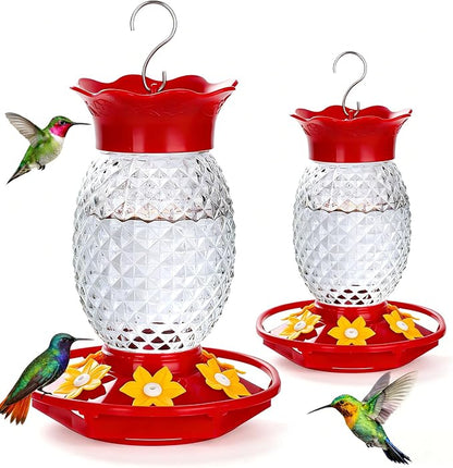 Fchstaer Glass Hummingbird Feeders for Outdoors Hanging 16oz 2 Pack Clear Pineapple Bee & Ant Proof 360°Perch Leakproof Easy Clean with 6 Feeding Ports Gifts for Mom