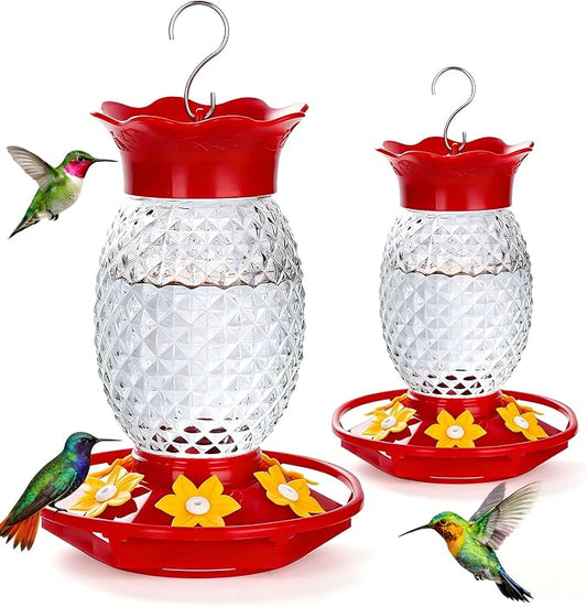 Fchstaer Glass Hummingbird Feeders for Outdoors Hanging 16oz 2 Pack Clear Pineapple Bee & Ant Proof 360°Perch Leakproof Easy Clean with 6 Feeding Ports Gifts for Mom