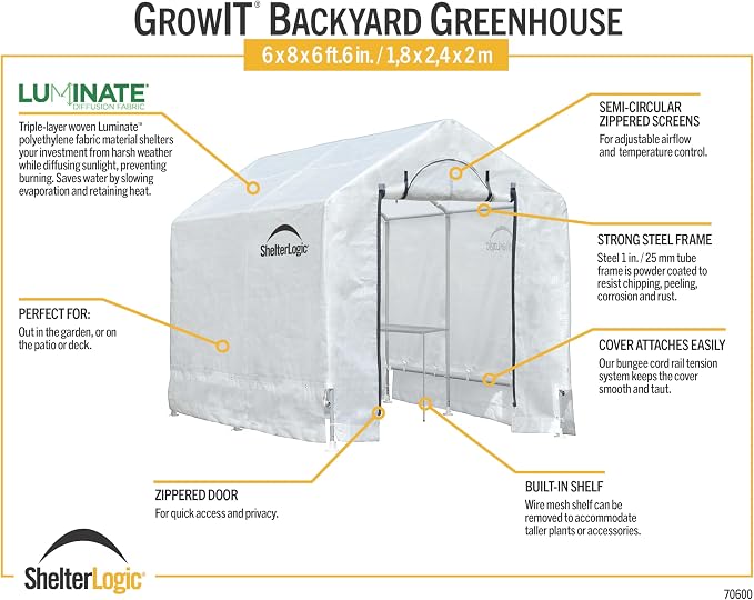 ShelterLogic 6' x 8' x 6.5' GrowIT Greenhouse Peak Roof Style Backyard Grow House with Integrated Shelving