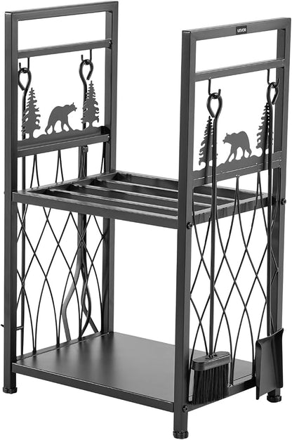VEVOR Indoor Firewood Rack, 1.3 ft 2-Tier Firewood Holder with Fireplace Tools, Brush, Shovel, Poker, Tongs, Heavy Duty Log Wood Rack, 400 lbs Weight Capacity, Wood Pile Storage Stacker for Fire Pit