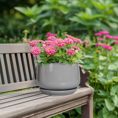 G EPGardening Ceramic Planter 7 Inch, Round, Modern, Grey | with Drainage, Ceramic Tray Included, Indoor Use, Flower & Home Decor