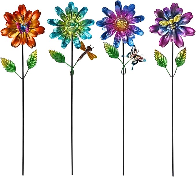 Calenzana Metal Flower Garden Stakes for Outside Set of 4, Flower Garden Decor with Shaking Head for Yard Porch Lawn Pathway, Multi-Color