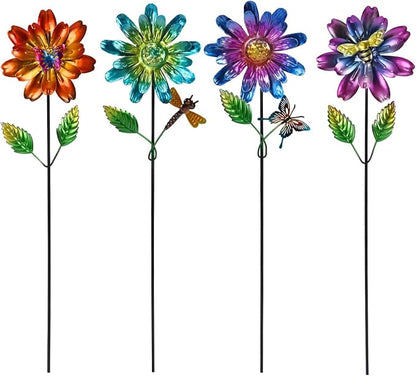 Calenzana Metal Flower Garden Stakes for Outside Set of 4, Flower Garden Decor with Shaking Head for Yard Porch Lawn Pathway, Multi-Color