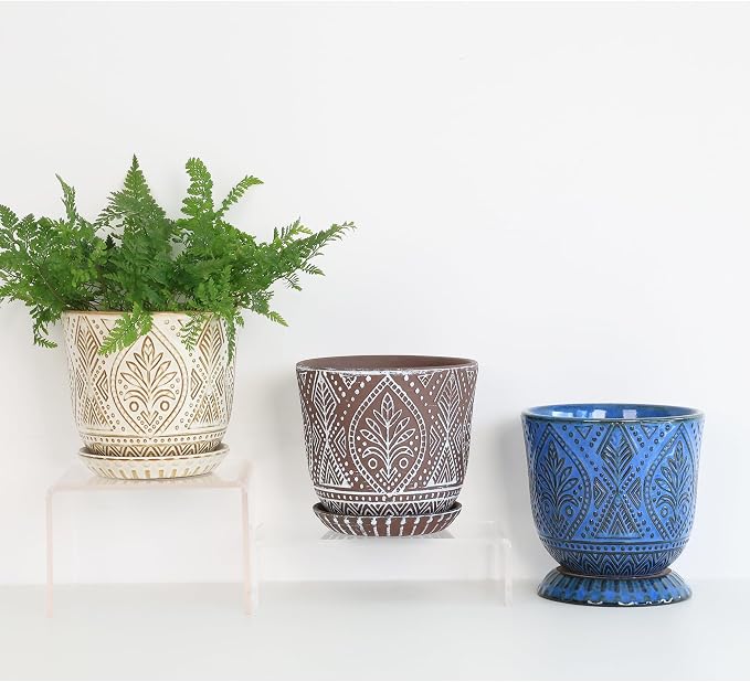 Gepege Beaded Ceramic 6 Inch Planter Set of 2 with Drainage Hole and Saucer for Plants, Indoor-Outdoor Large Round Succulent Orchid Flower Pot (Blue, Inner-pots not Larger Than 5 Inch)