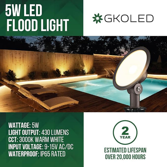 GKOLED 4-Pack Low Voltage LED Landscape Flood Light, 9-15V AC/DC Outdoor Wall Wash Lighting, 5W 450LM Waterproof Landscape Spotlight with Slot Spike, 3000K, Adjustable Knuckle Mount, Die-cast Aluminum