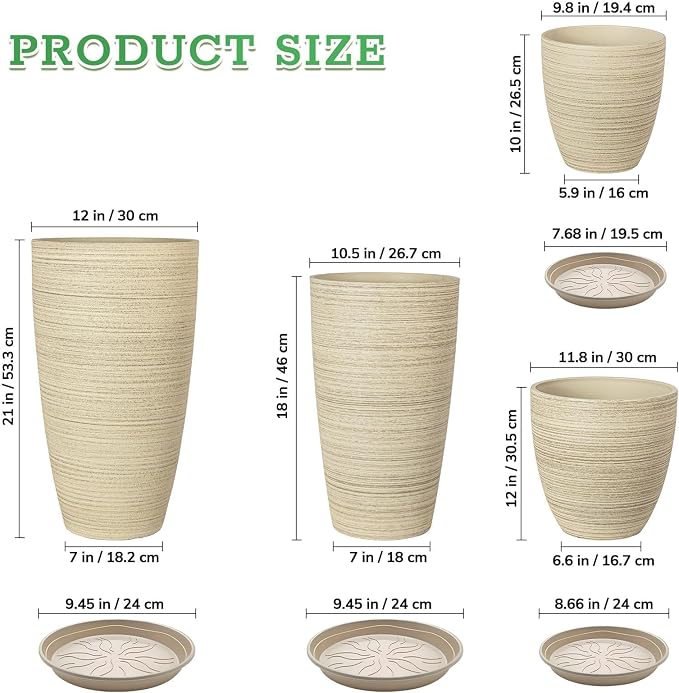 ZMTECH 4 Pack Plastic Planters 21/18/12/10in, Beige Faux Stone Finish Round Flower Pots with Drainage Holes & Saucers, Large Tall Plant Pots for Indoor Outdoor, Patio Garden Decor, Plant Containers