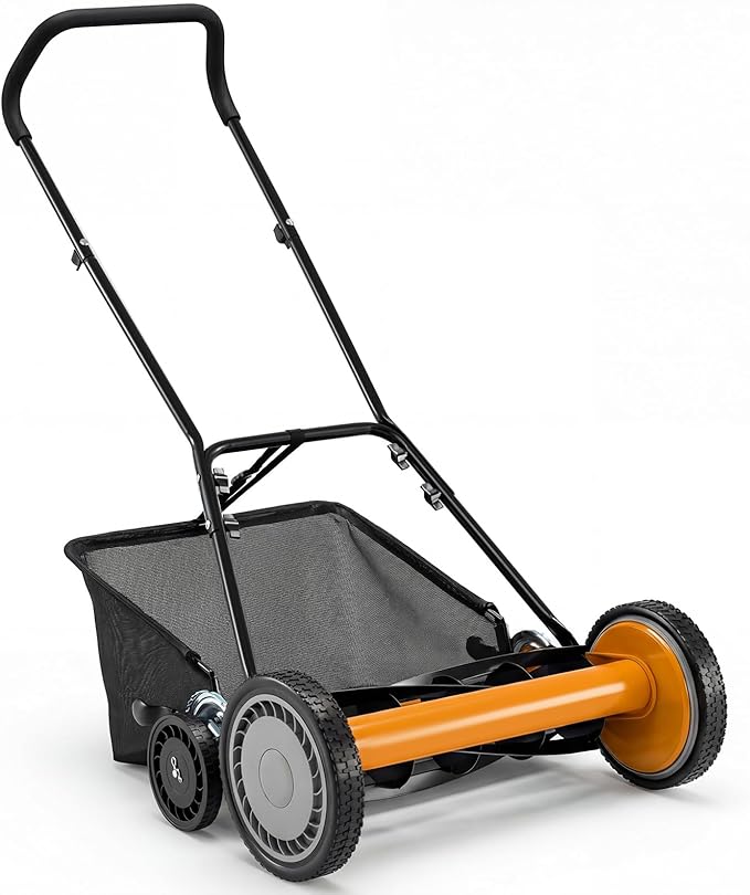 IRONMAX 18 Inch 5-Blade Push Reel Lawn Mower, 9-Level Adjustable Cutting Heights, Removable Grass Catcher, Lightweight No Motor Walk-Behind Manual Grass Cutter for Garden Yard Park (Orange, 18 Inch)