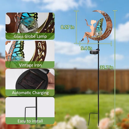 Solar Fairy Garden Light Outdoor Yard Decor Gifts for Women Mom Grandma | Solar Auto On/Off, IP65 Waterproof Rustproof, Easy Stake Install, Durable Metal Build, Cracked Glass Moonlight Glow