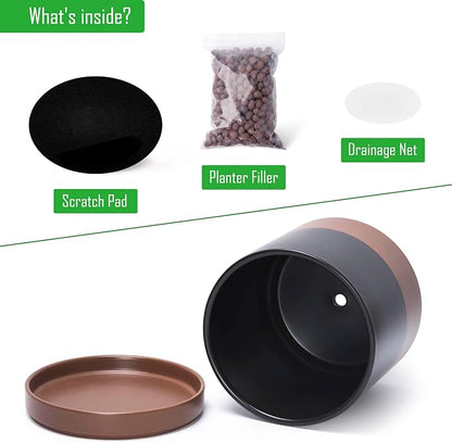 D'vine Dev 10 Inch Ceramic Planter Pot, Black/Tan, 94-O-E-7 | Modern Cylinder Design, Drainage Hole & Saucer Included, Stable Structure, Elegant Home Accent