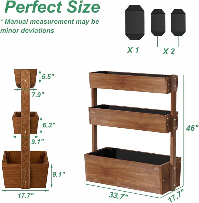 Raised Garden Bed,3 Tier Vertical Garden Planter,Planter Box,Fir Wood Adjustable Freestanding Elevated Herb Stand Tower,Flower Strawberry Vegetable for Outdoor Indoor Balcony,33x17x46,Brown