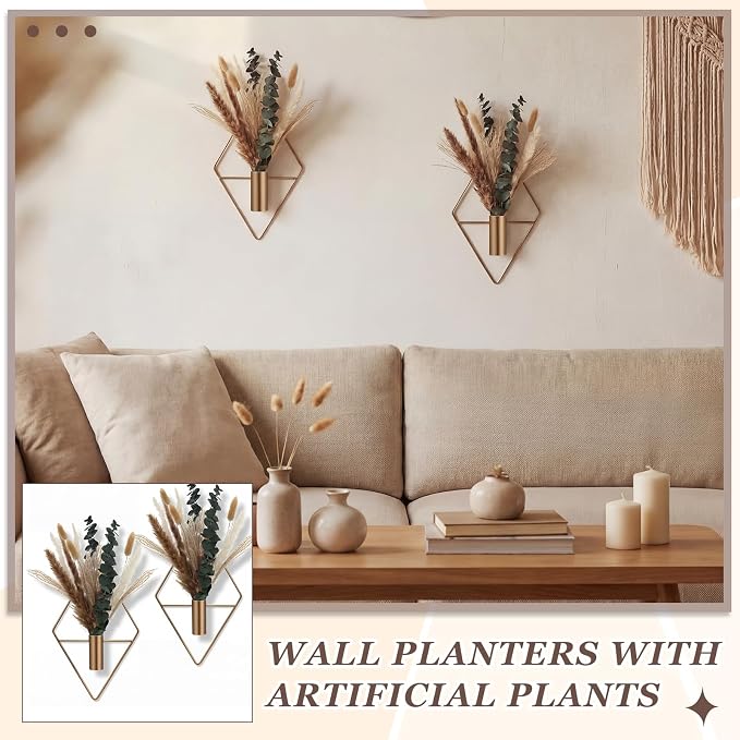 Jexine 8 Pcs Hanging Planters with Artificial Pampas Metal Hanging Vase Indoor Plants Holder Modern Geometric Boho Bathroom Wall Decor for Living Room Home Office(Antique Copper)