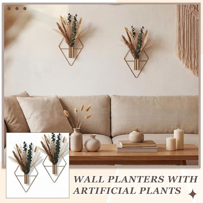 Jexine 4 Pcs Hanging Planters with Artificial Pampas Metal Hanging Vase Indoor Plants Holder Modern Geometric Boho Bathroom Wall Decor for Living Room Home Office, Antique Copper