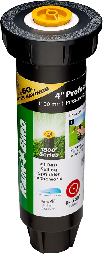 Rain Bird 1804AP4PRS Pressure Regulating (PRS) Professional Pop-Up Sprinkler, Adjustable 0-360° Pattern, 3' - 4' Spray Distance, 4" Pop-up Height