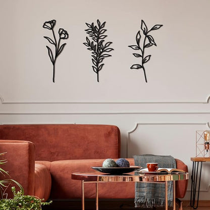 Moxweyeni 6 Pieces Metal Wall Art Minimalist Line Decor Flower Black Botanical Leaf Metal Art Modern Natural Floral Line Wall Decorations for Bedroom Living Room Bathroom Kitchen Outdoor