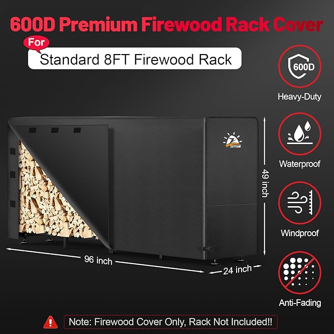 Zettum Firewood Rack Cover 8 Feet - 600D Wood Rack Cover Waterproof & Heavy Duty, 8 Foot Outdoor Log Pile Holder Covers Storage for 8FT Standard Fire Wood Rack Stands (96 x 24 x 49 Inch)