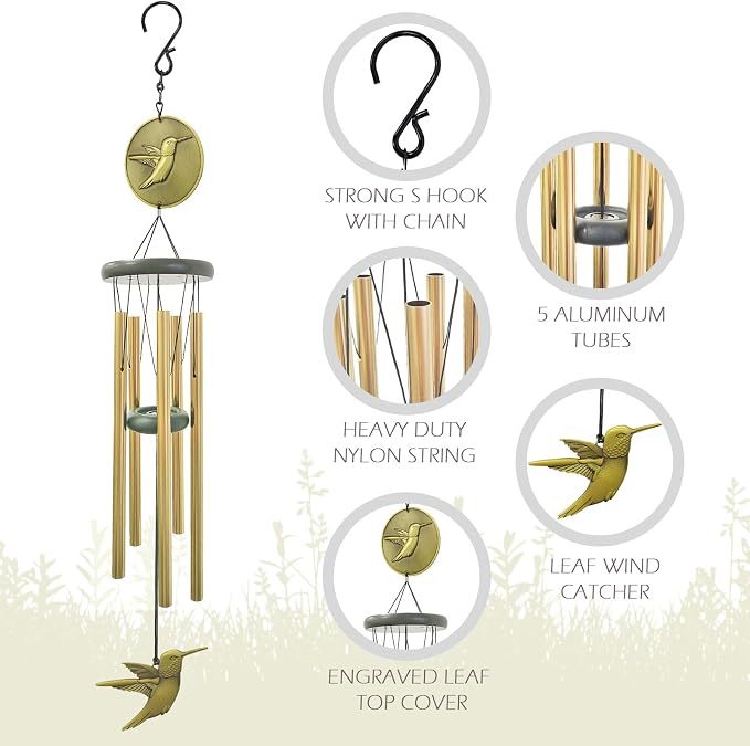 Hummingbird Wind Chimes for Outside,32 "Memorial Outdoor Wind Chime Create a Zen Atmospherer,Hummingbird Gift for Women Mother Father Christmas,Home Garden Patio Yard Decor(Bronze)