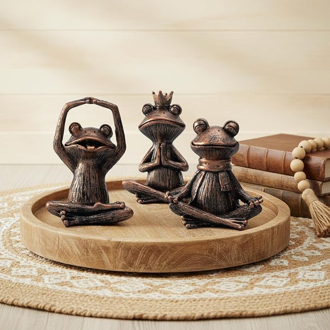 Meditating Yoga Frog Gifts for Women - Set of 3 Resin Zen Garden Statues, Cute Rustic Animal Figurines for Home Office Shelf Room Decor, Peaceful Relaxation Decor Gift for Mom & Yoga Lovers