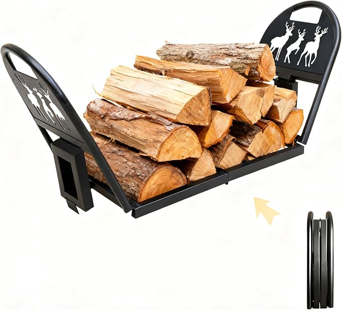 36-Inch Heavy Duty Foldable Firewood Rack - Portable Metal Log Holder for Indoor Outdoor, Fireplace Patio Deck Firepit Storage Organizer