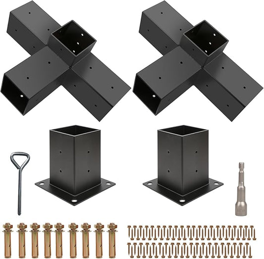 Pergola Kit, Pergola Brackets 4-Way Right Angle Corner Bracket Woodworks DIY Post Base Kit, Wooden Beams for Gazebos, Patio Pergolas, Log Cabin Outdoor Pergola Hardware for 4x4 Lumber