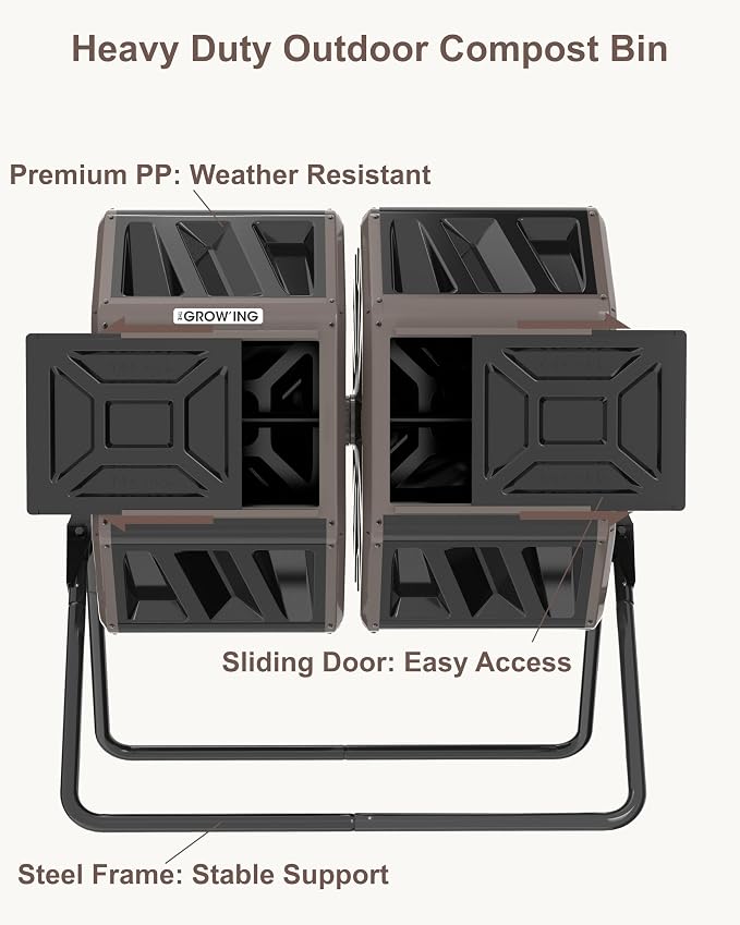 THE Growing 53 Gallon Large Outdoor Compost Bin Tumbler Barrel, Brown | Dual 26.5gal landscape-blending chambers for bulk waste. Reinforced frame adds stability. Easy bolt outdoor yard assembly.