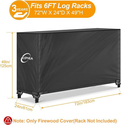 Kipiea 6FT Waterproof Firewood Storage Log Rack Cover, Heavy Duty 600D Outdoor Wood Storage Rack Cover with Buckles and Full-Length Hook & Loop Fastener, Tear-Resistant