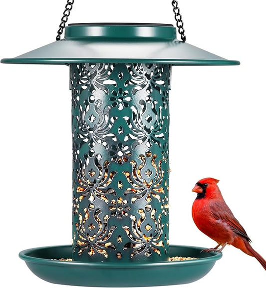 SWEETFULL Solar Bird Feeders for Outside Metal Outdoor Hanging,Wild feeders as Gift Ideas Lovers Garden Yard Patio Cardinals (Chew-Proof,Heavy Duty Weather Resistance 2LBs)