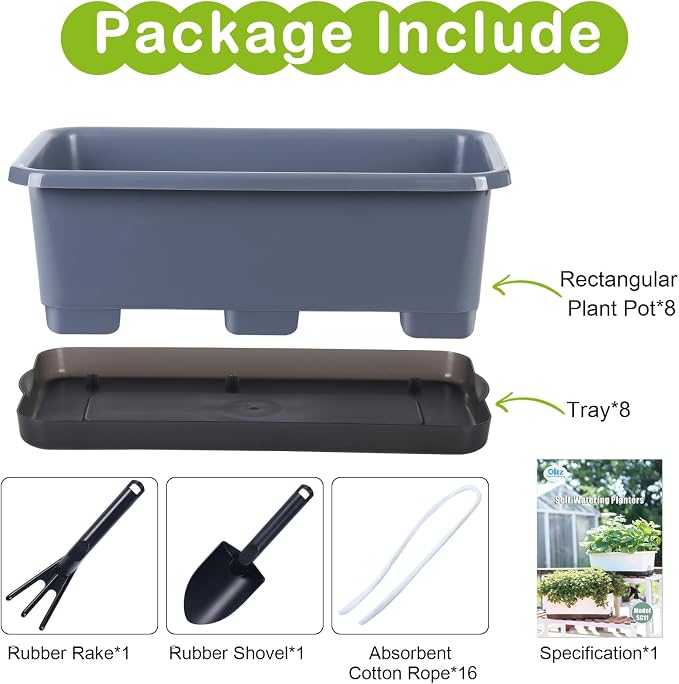 Oliz Window Box Planter 8 Pcs, 17 Inches Rectangle Flower Pots with Drainage Holes and Trays, Vegetable Planters for Windowsill Patio Garden Balcony Home Porch Yard Indoor Outdoor (Grey)