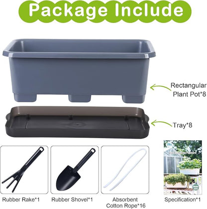 Oliz Window Box Planter 8 Pcs, 17 Inches Rectangle Flower Pots with Drainage Holes and Trays, Vegetable Planters for Windowsill Patio Garden Balcony Home Porch Yard Indoor Outdoor (Grey)