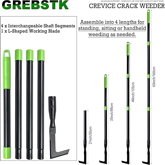 GREBSTK Crack Weeder Crevice Weeding Stainless Steel Tool Adjustable, 63 in | Adjustable 21-63in, Rust-Resistant L-Shaped Blade, Comfortable Handle, for Patio Cracks, Driveway Gaps, Walkway Edging