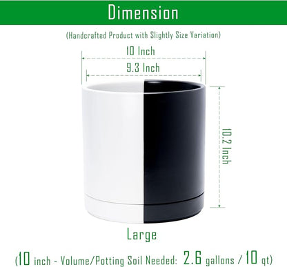 D'vine Dev 10 Inch Ceramic Planter Pot, Black White Split, 94-O-E-0 | Modern Cylinder Design, Drainage Hole & Saucer Included, Stable Structure, Elegant Home Accent