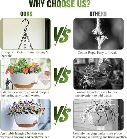 12 Inch Large Self Watering Hanging Planters 2 Pack with Saucers | Set of 2 12-inch self-watering hanging planters with extra soil capacity, side-fill ports, chain hangers & snap-on saucers