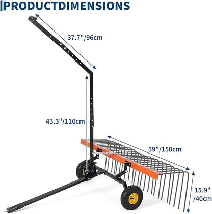 Garvee 60'' Tow Behind Lawn Dethatcher,24 Durable Spring Steel Tines Lawn Dethatcher, Tow Behind Steel Pine Straw Rake Designed to Lawn and Garden Tractors, Orange&Black