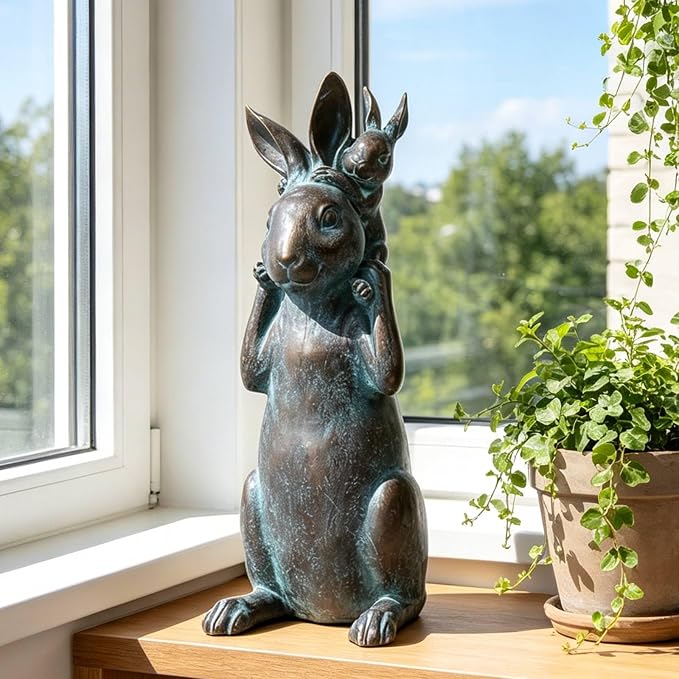 Rabbit Garden Statues Bunny Decorations - Easter Bunny Father with Baby Figurine Easter Gift Dark Gray Garden Spring Bunny Sulpture for Yard Framhouse Outdoor Décor 7*5.25*15.25 in Newman House Studio