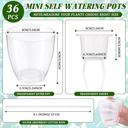 36 Pcs Self Watering Pots, 3.5 Inch Plastic Plant Pot with Inner Pot Self Watering Wick Planter Pots for Indoor House Plants, Flowers, Succulents(Transparent)