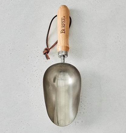 Burpee 15" Stainless Steel Soil Scoop | Durable Long Lasting Garden Tool | Leather Wrist Strap 5" Handle, Oak