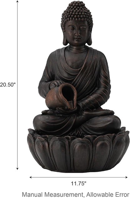 Glitzhome Zen-Style 2-Tiered Buddha Statue Polyresin Outdoor Decoration with Pump and LED Light, 20.5" H