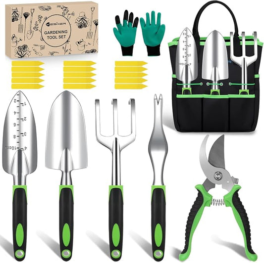 Yesker Gardening Tools 22-Piece Heavy Duty Garden Tool Set Gardening Supplies Gifts for Women Men Gardening Hand Tool Kit with Non-Slip Ergonomic Handle, Garden Bag, Gloves, 15 Plant Tags, Black Green