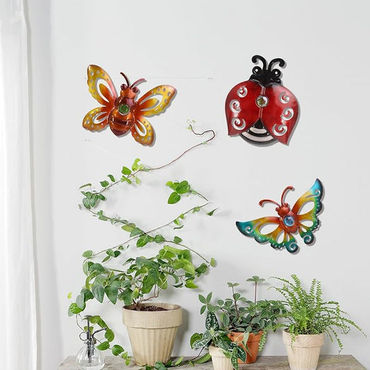 Garden Decor Butterfly Ladybug Bee Metal Wall Art Decor, Wall Decoration Hanging for Home Garden Porch Patio Balcony Ornament for Outdoor Gift, 3 Pack 9 Inch