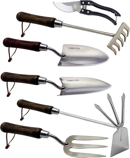 Garden Tool Set, 6PCS Heavy Duty Stainless Steel Gardening Hand Tools with Ropes, Includes Hand Cultivator Shovel Trowel Transplanter 2-in-1 Hoe Pruner, Ideal Gardening Gifts for Women Men (Classic)
