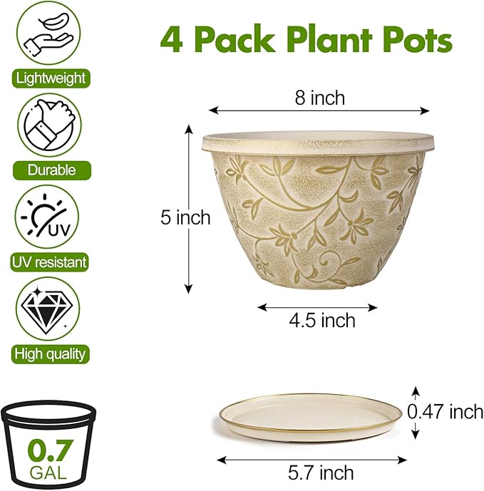 Nooulap 8 Inch Plant Pot, Beige Flower pots, 4 Pack | Indoor Outdoor Planters, Drainage Hole & Trays, Home Garden Beatuy Decor,Plastic Ligehtwight Small Pots