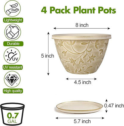 Nooulap 8 Inch Plant Pot, Beige Flower pots, 4 Pack | Indoor Outdoor Planters, Drainage Hole & Trays, Home Garden Beatuy Decor,Plastic Ligehtwight Small Pots