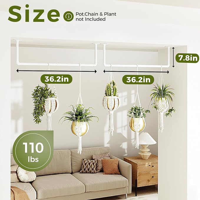 Bamworld Hanging Planters 2PCS for Indoor Plants Hanging Plant Holder Plant Hanger Indoor Ceiling Window Plant Shelves Wall Mount Black Metal Rod(Pot&Plant Not Included) White
