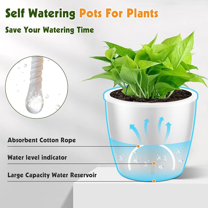 Self-Watering Pots for Indoor Plants, 16-Pack Self Watering Planter with Drainage Holes, Small African Violet Pots with Water Indicator, 10-Pack 5''/6-Pack 6.7'' Orchid Pot, White